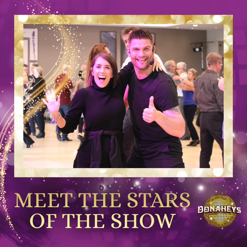 Poster with two smiling dancers in black, framed by a gold border; text reads 'Meet the Stars of the Show' and a disco ball logo.