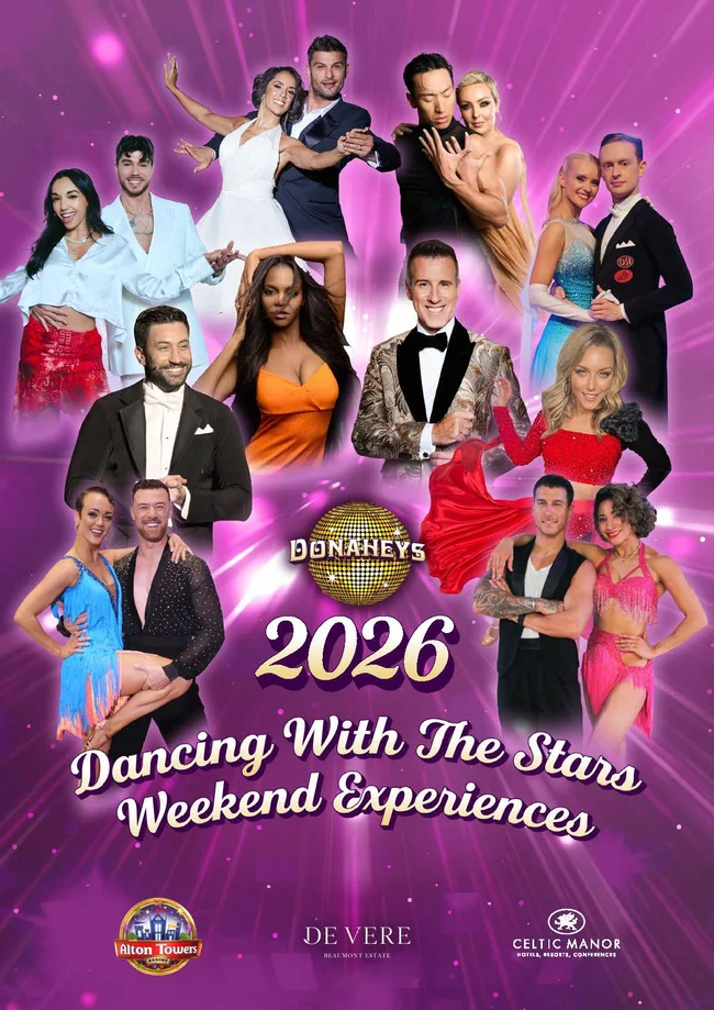 Promo poster showing multiple dancers in formal wear for 2026 Dancing With The Stars Weekend Experiences on a purple background.