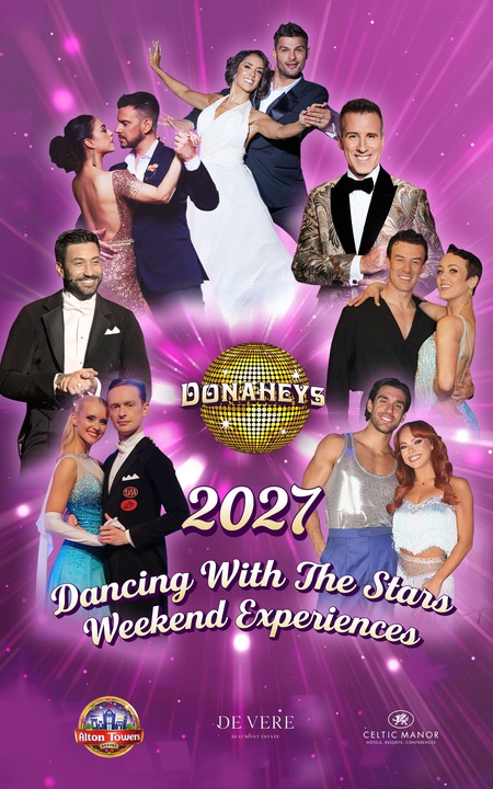 Promotional poster for 2027 Dancing With The Stars Weekend Experiences, with multiple couples in formal wear dancing on a purple background and a gold disco ball centerpiece.