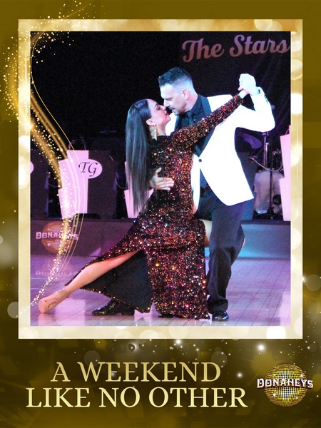 Dancing couple on stage in sequined outfits, performing at a 'Weekend Like No Other' event poster.